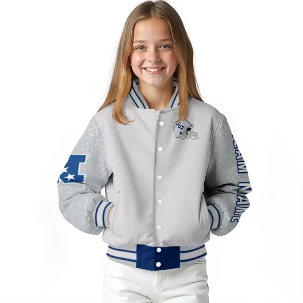 personalized rice owls speckled arms navy blue gray varsity jacket top rated.webp