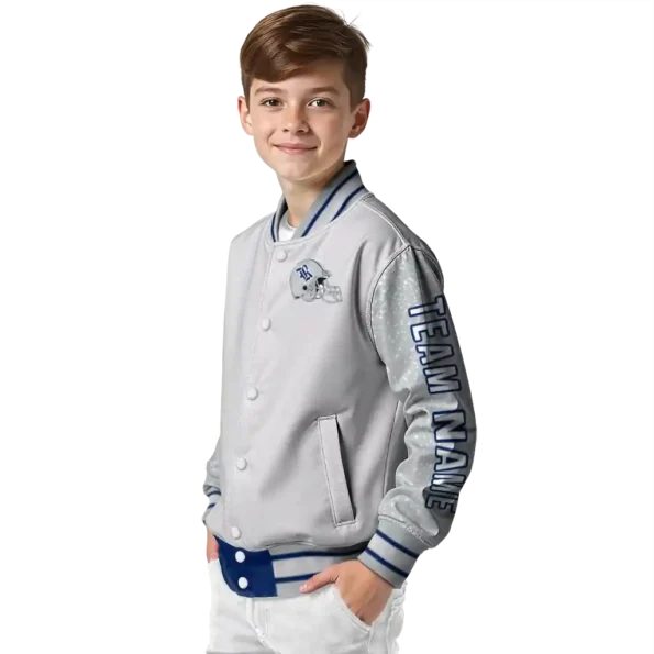 personalized rice owls speckled arms navy blue gray varsity jacket trendy.webp