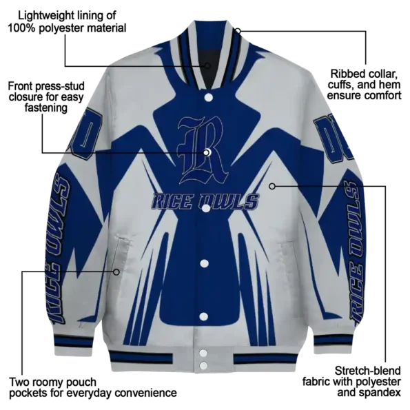 personalized rice owls spider mark navy blue grey varsity jacket new arrival.webp
