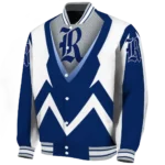personalized rice owls v stripes navy blue white varsity jacket best selling.webp