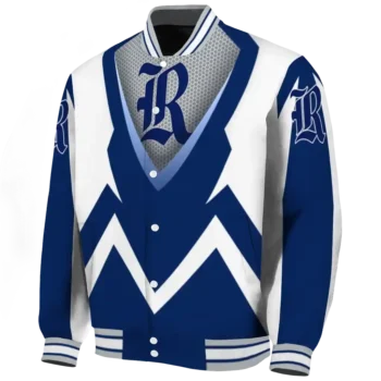 personalized rice owls v stripes navy blue white varsity jacket best selling.webp