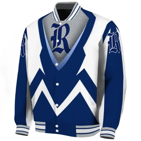 personalized rice owls v stripes navy blue white varsity jacket best selling.webp