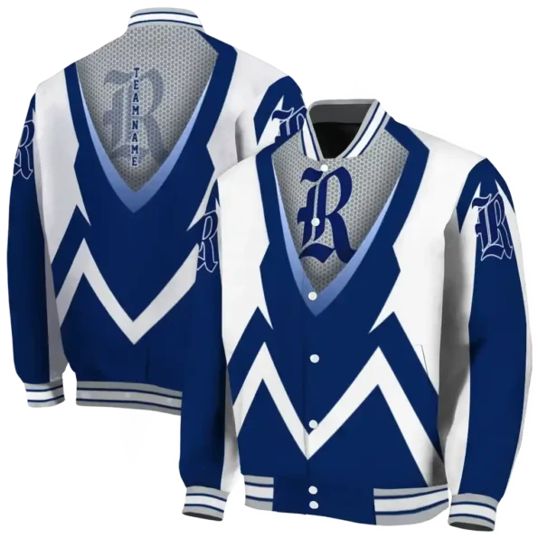 personalized rice owls v stripes navy blue white varsity jacket fashion forward.webp