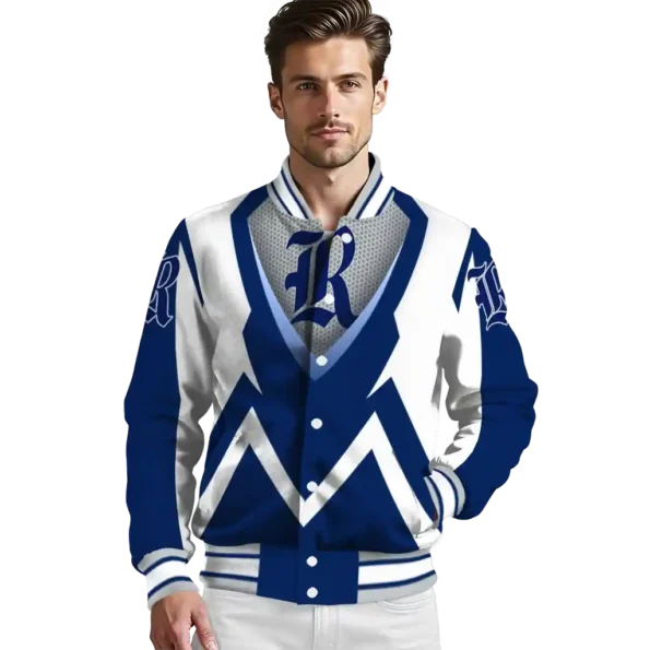 personalized rice owls v stripes navy blue white varsity jacket high quality.webp