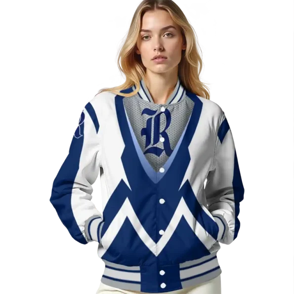 personalized rice owls v stripes navy blue white varsity jacket latest model.webp