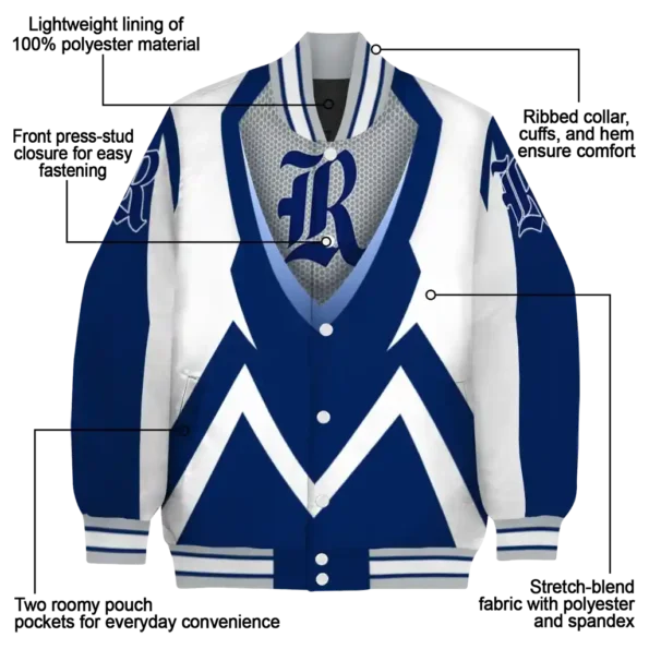 personalized rice owls v stripes navy blue white varsity jacket new arrival.webp