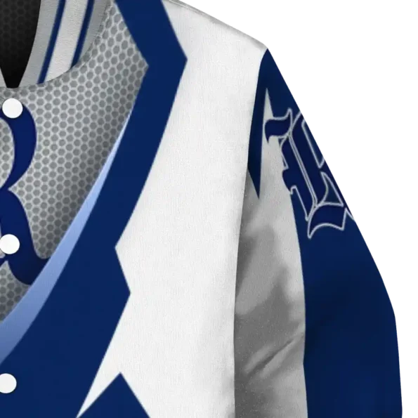 personalized rice owls v stripes navy blue white varsity jacket premium grade.webp