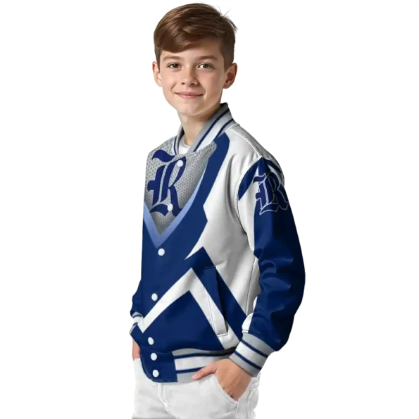 personalized rice owls v stripes navy blue white varsity jacket trendy.webp