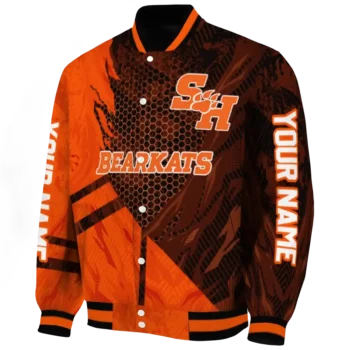 personalized sam houston bearkats hexagon mesh orange black varsity jacket best selling.webp