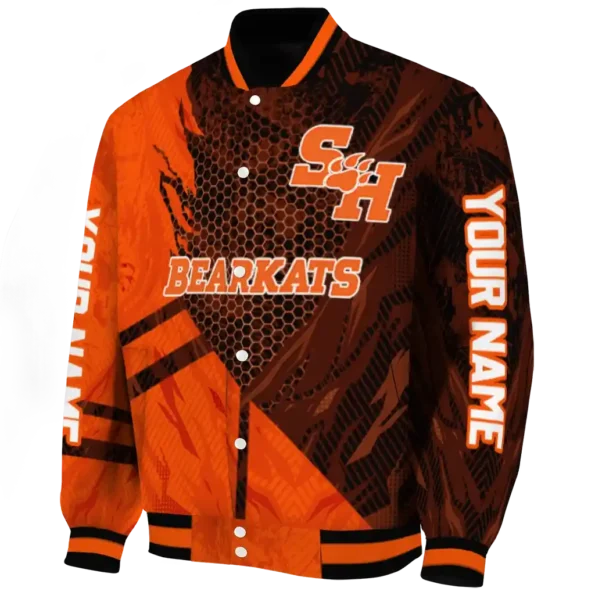 personalized sam houston bearkats hexagon mesh orange black varsity jacket best selling.webp