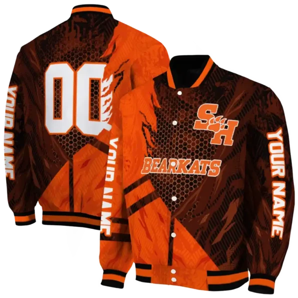 personalized sam houston bearkats hexagon mesh orange black varsity jacket fashion forward.webp