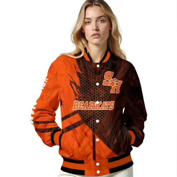 personalized sam houston bearkats hexagon mesh orange black varsity jacket latest model.webp