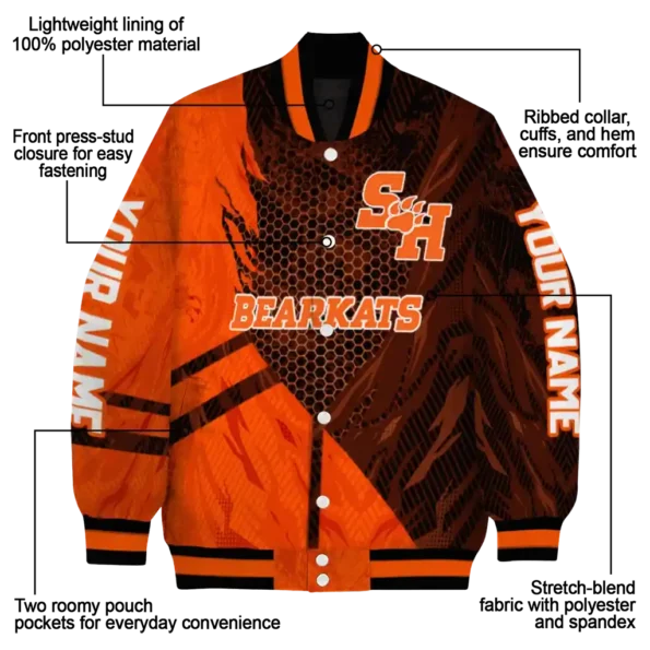 personalized sam houston bearkats hexagon mesh orange black varsity jacket new arrival.webp