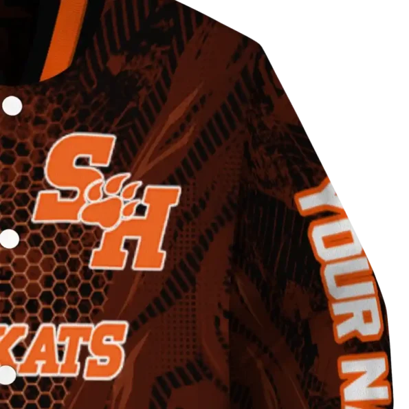 personalized sam houston bearkats hexagon mesh orange black varsity jacket premium grade.webp