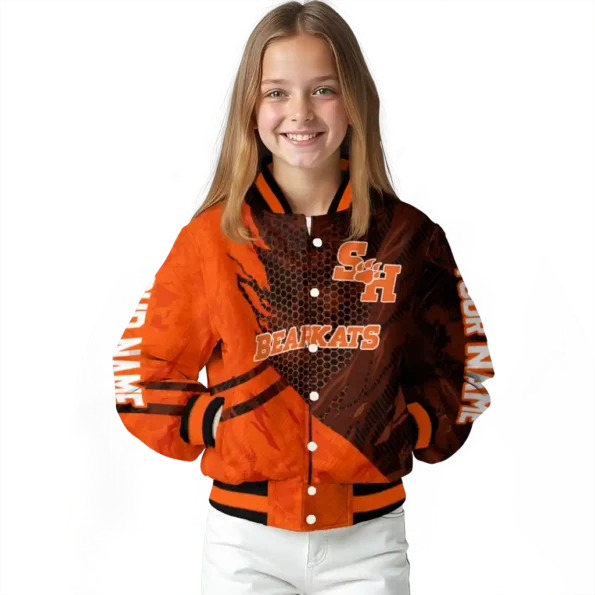 personalized sam houston bearkats hexagon mesh orange black varsity jacket top rated.webp