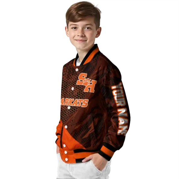 personalized sam houston bearkats hexagon mesh orange black varsity jacket trendy.webp