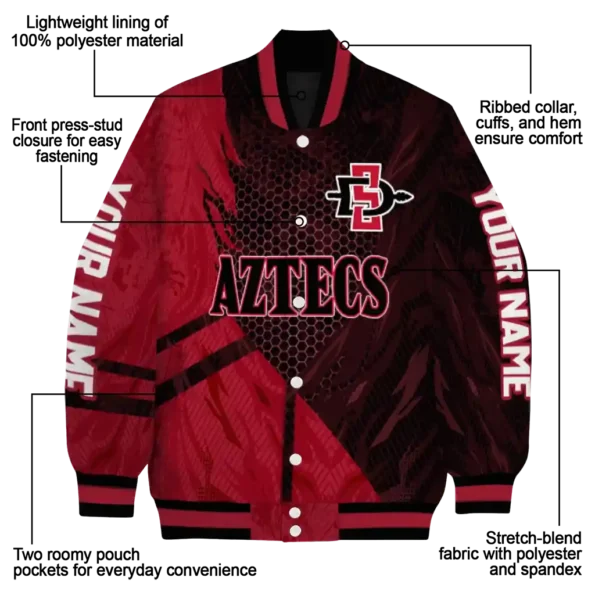 personalized san diego state aztecs hexagon mesh red black varsity jacket new arrival.webp