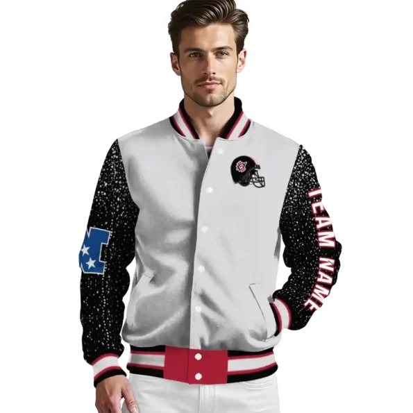 personalized san diego state aztecs speckled arms red gray varsity jacket high quality.webp