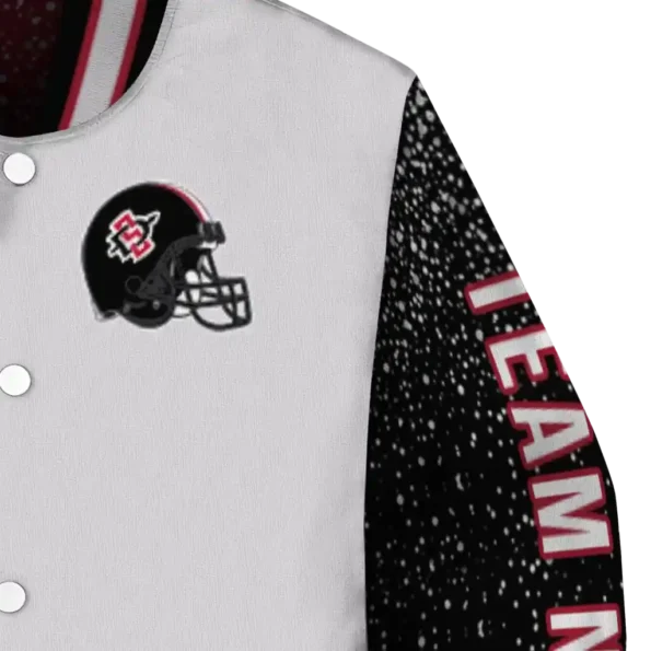 personalized san diego state aztecs speckled arms red gray varsity jacket premium grade.webp