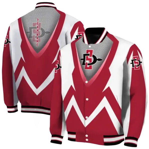 personalized san diego state aztecs v stripes red white varsity jacket fashion forward.webp