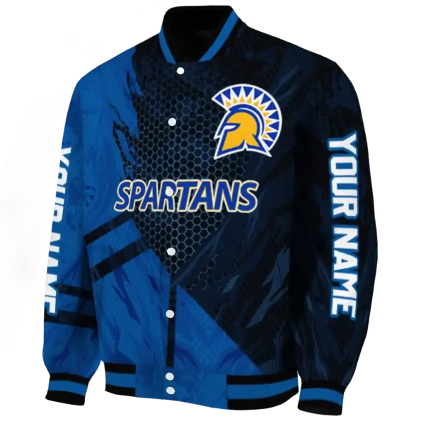 personalized san jose state spartans hexagon mesh blue black varsity jacket best selling.webp