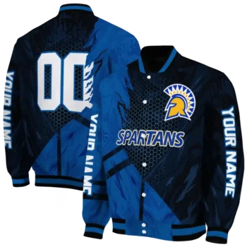 personalized san jose state spartans hexagon mesh blue black varsity jacket fashion forward.webp