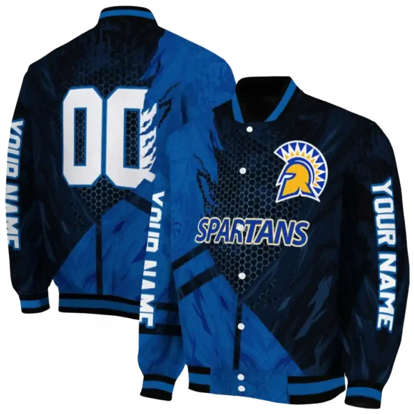 personalized san jose state spartans hexagon mesh blue black varsity jacket fashion forward.webp