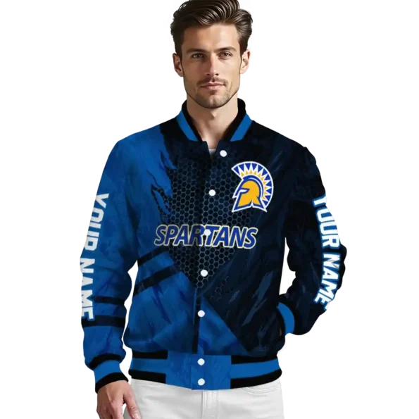 personalized san jose state spartans hexagon mesh blue black varsity jacket high quality.webp