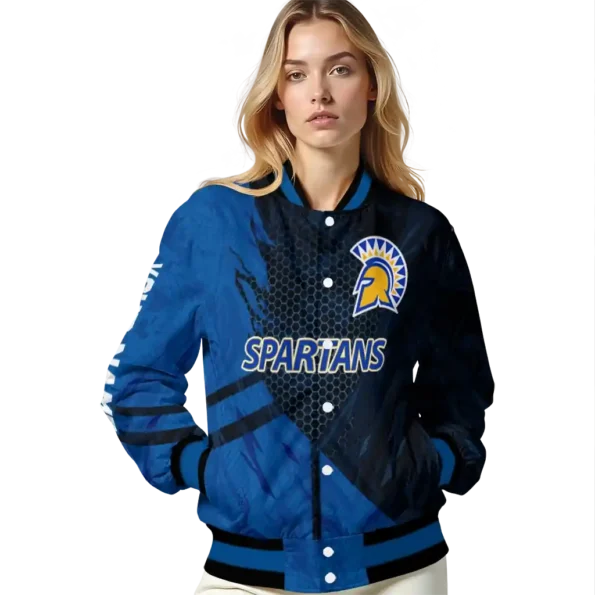 personalized san jose state spartans hexagon mesh blue black varsity jacket latest model.webp