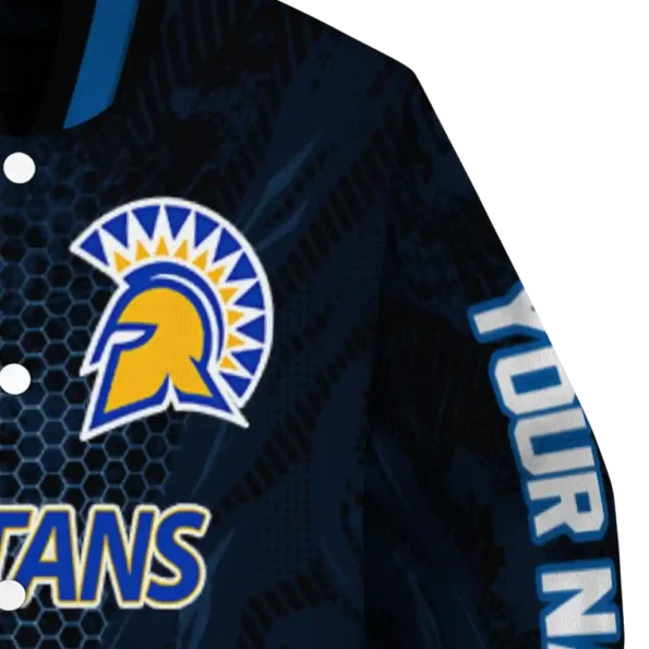 personalized san jose state spartans hexagon mesh blue black varsity jacket premium grade.webp