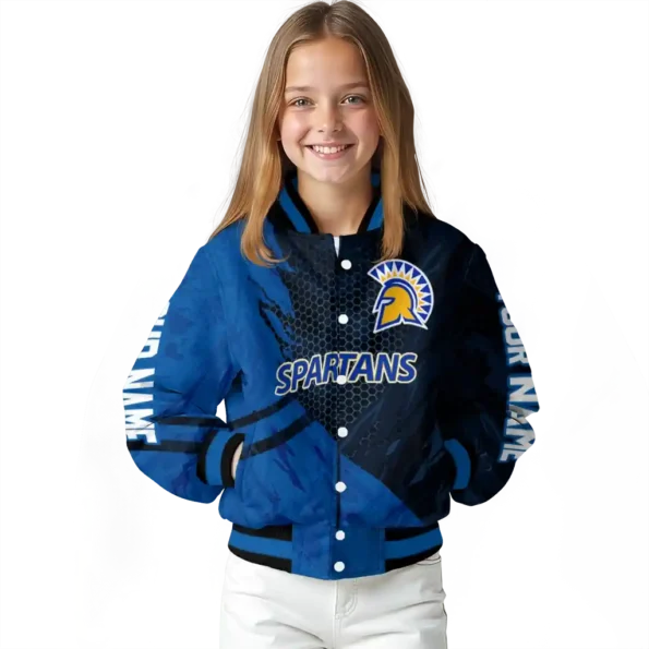 personalized san jose state spartans hexagon mesh blue black varsity jacket top rated.webp