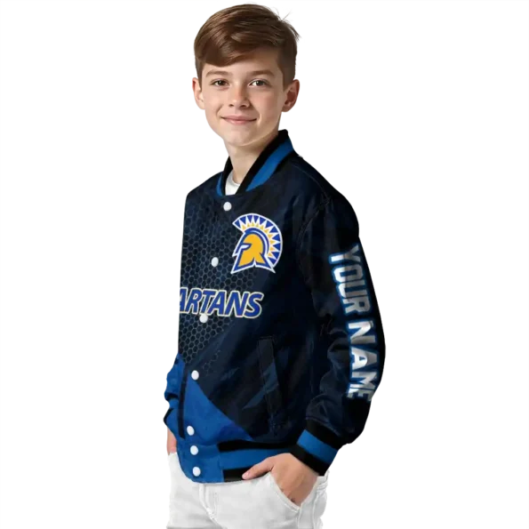 personalized san jose state spartans hexagon mesh blue black varsity jacket trendy.webp