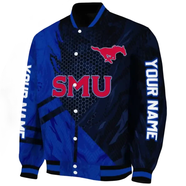 personalized smu mustangs hexagon mesh blue black varsity jacket best selling.webp