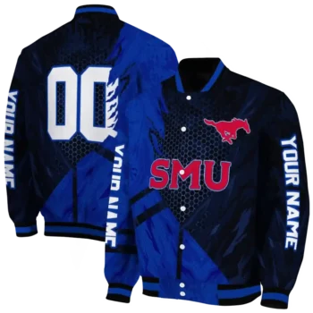 personalized smu mustangs hexagon mesh blue black varsity jacket fashion forward.webp