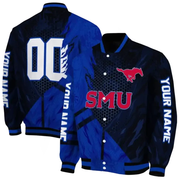 personalized smu mustangs hexagon mesh blue black varsity jacket fashion forward.webp