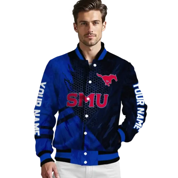 personalized smu mustangs hexagon mesh blue black varsity jacket high quality.webp