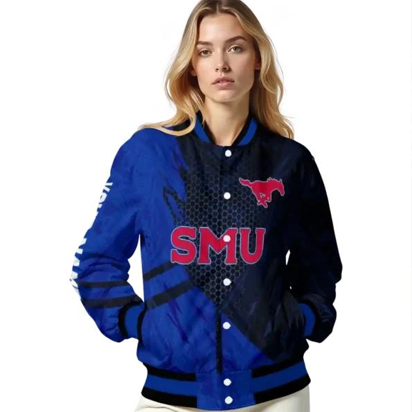 personalized smu mustangs hexagon mesh blue black varsity jacket latest model.webp