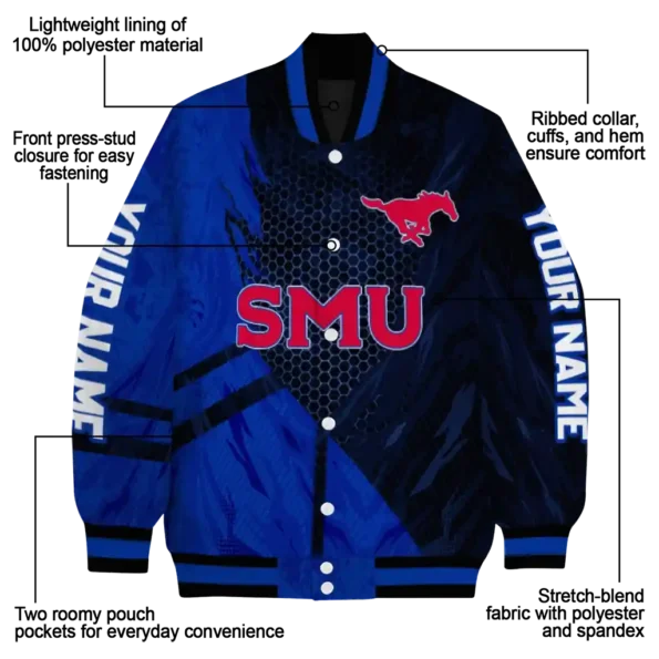 personalized smu mustangs hexagon mesh blue black varsity jacket new arrival.webp