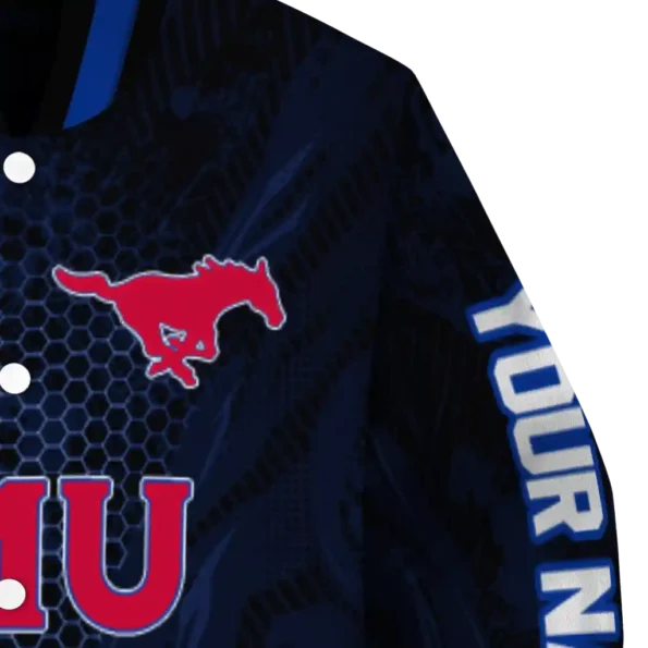 personalized smu mustangs hexagon mesh blue black varsity jacket premium grade.webp