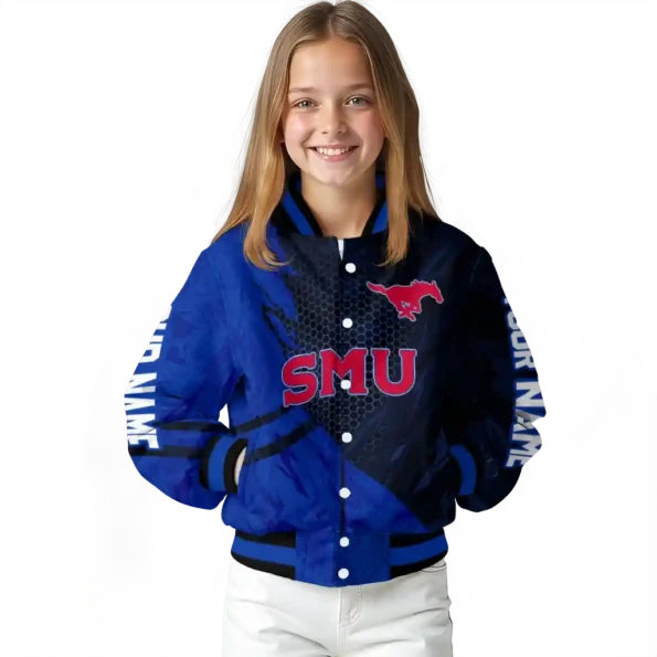personalized smu mustangs hexagon mesh blue black varsity jacket top rated.webp