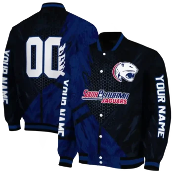 personalized south alabama jaguars hexagon mesh blue black varsity jacket fashion forward.webp
