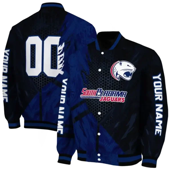 personalized south alabama jaguars hexagon mesh blue black varsity jacket fashion forward.webp