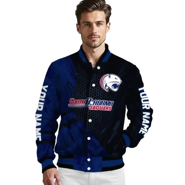 personalized south alabama jaguars hexagon mesh blue black varsity jacket high quality.webp