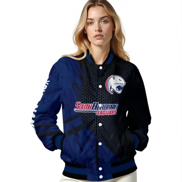 personalized south alabama jaguars hexagon mesh blue black varsity jacket latest model.webp