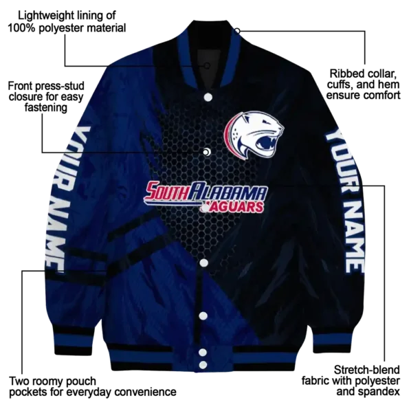 personalized south alabama jaguars hexagon mesh blue black varsity jacket new arrival.webp