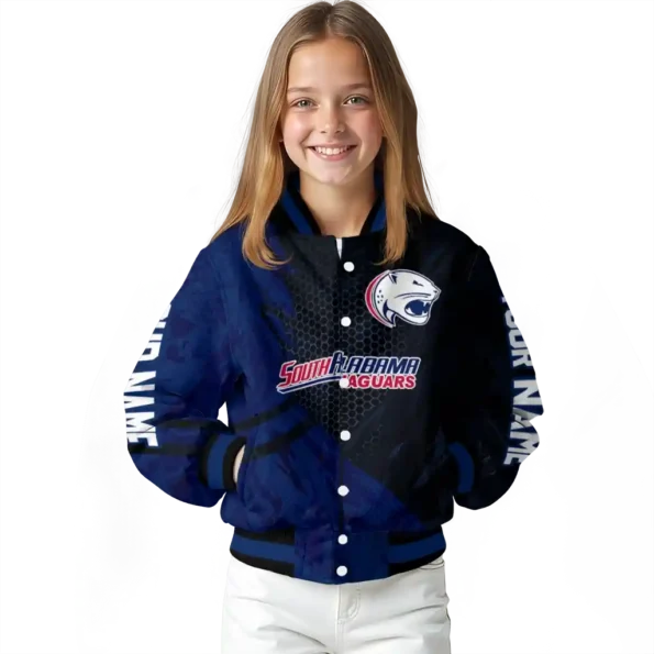 personalized south alabama jaguars hexagon mesh blue black varsity jacket top rated.webp