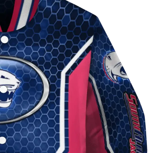 personalized south alabama jaguars power plate blue varsity jacket premium grade.webp