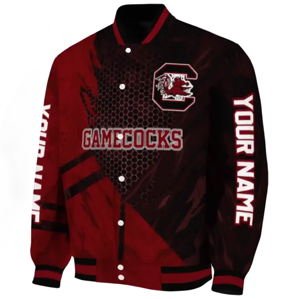 personalized south carolina gamecocks hexagon mesh garnet black varsity jacket best selling.webp