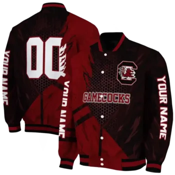 personalized south carolina gamecocks hexagon mesh garnet black varsity jacket fashion forward.webp