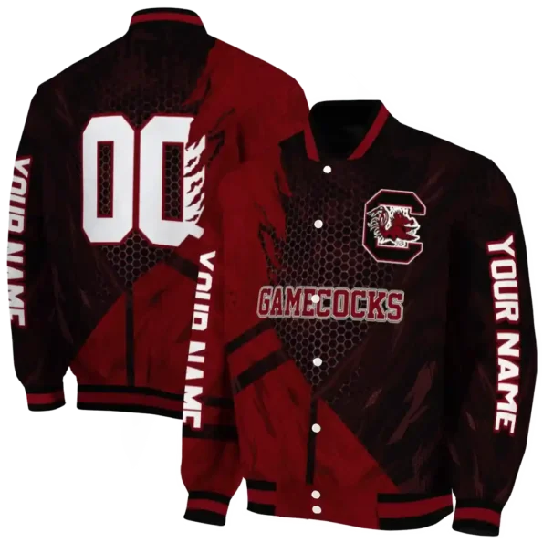 personalized south carolina gamecocks hexagon mesh garnet black varsity jacket fashion forward.webp